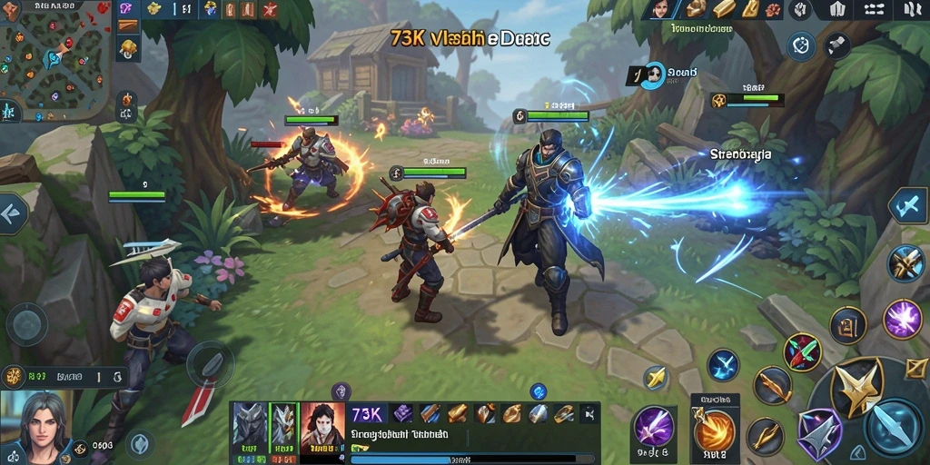 Screenshot gameplay 73K menunjukkan pertempuran antara kerajaan yang epik.