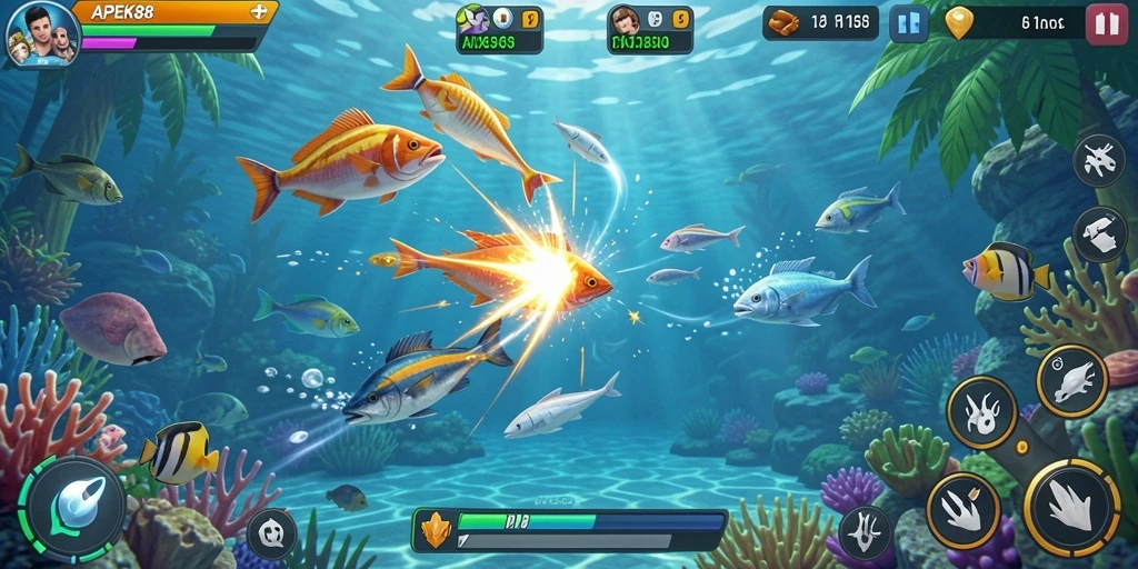 Tampilan gameplay APEK88 dengan tampilan ikan yang berwarna-warni.