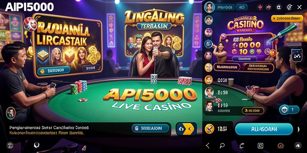 Screenshot permainan Live Casino API5000 dengan dealer langsung dan meja permainan.
