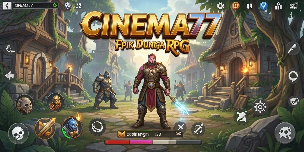 Screenshot utama CINEMA77 menunjukkan aksi mendebarkan dalam pertempuran RPG.