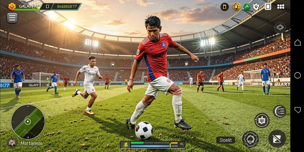 Tangkapan layar GALAXY77 menunjukkan aksi dramatis di lapangan sepak bola.
