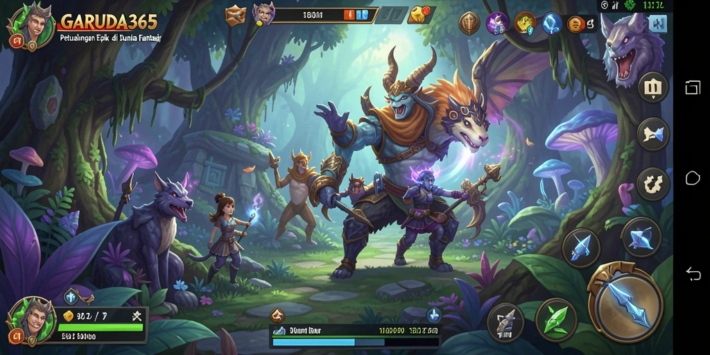 Screenshot gameplay GARUDA365 menampilkan pertempuran seru di dunia fantasi.