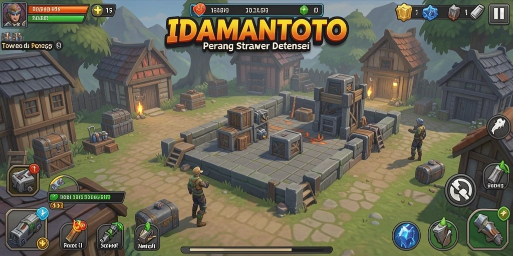 Tampilan gameplay epik dari IDAMANTOTO, menara dan strategi di medan perang.