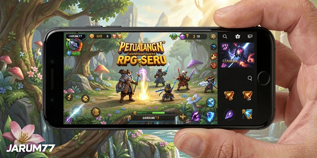 Screenshot gameplay JARUM77 dengan karakter beraksi dalam pertempuran RPG.