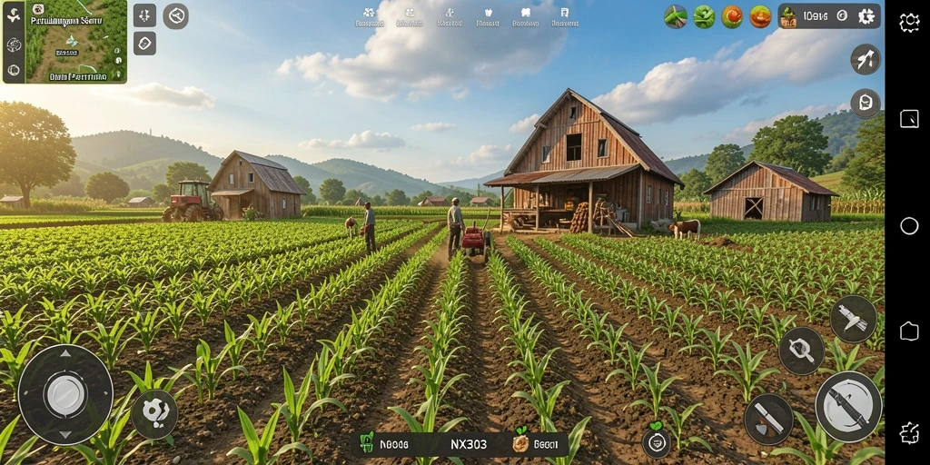 Screenshot gameplay NX303 menampilkan panorama lahan pertanian yang indah.