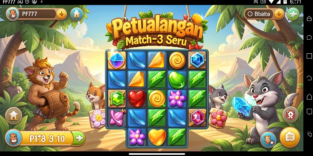 Tampilan seru gameplay PF777 dengan elemen match-3 yang menarik.