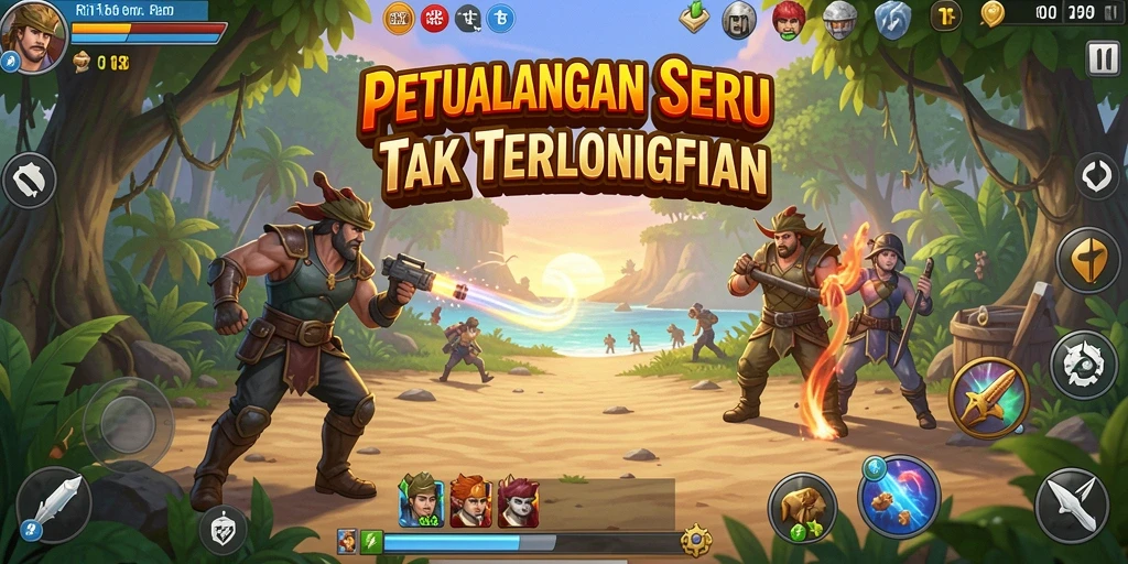 Screenshot utama RI188 menampilkan seorang pahlawan menjelajahi dunia yang menakjubkan.