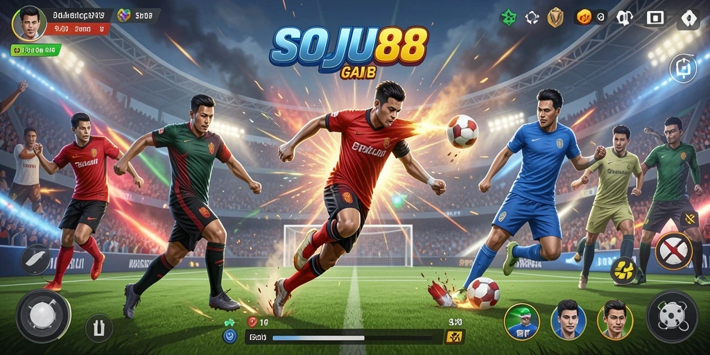 Screenshot gameplay SOJU88 dengan aksi olahraga penuh semangat.