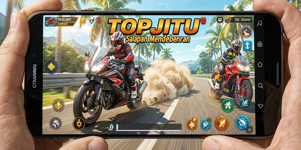 Tangkapan layar menunjukkan aksi balap motor yang intens dan mendebarkan.