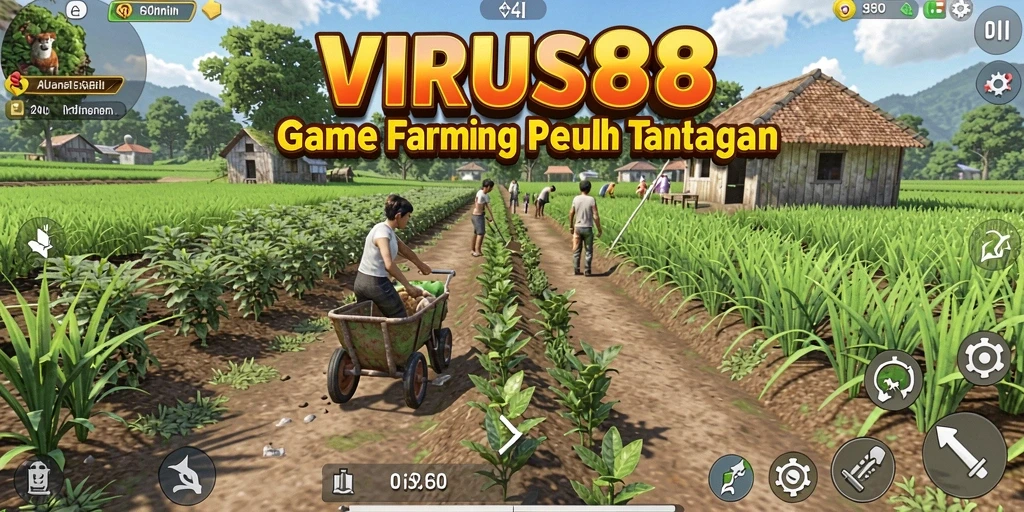 Tampilan gameplay <strong>VIRUS88</strong> yang menunjukkan kebun yang subur dan beragam tanaman.